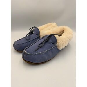 Overland Womens Blue Suede Sheepskin Lined Moccasin Slippers Shearling Size 11